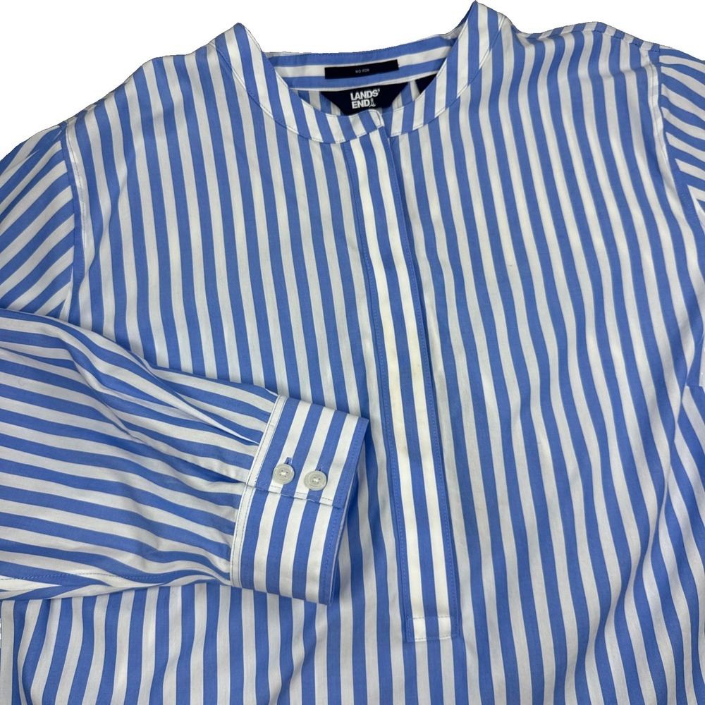 Lands End Top Women's 1X 16/18w Blue White Stripe No Iron Long Sleeve 100%Cotton
